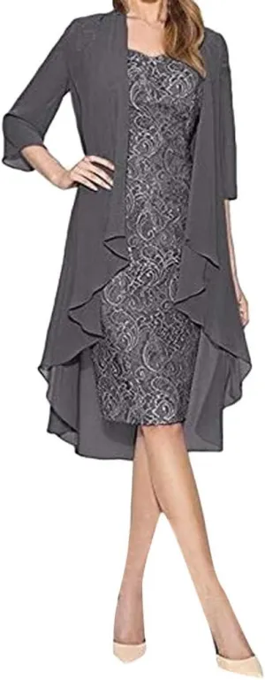 Womens Two Piece Outfits Midi Dress Lace Floral with Chiffon Jacket Sleeveless Crewneck Laced Wedding Guest Dresses