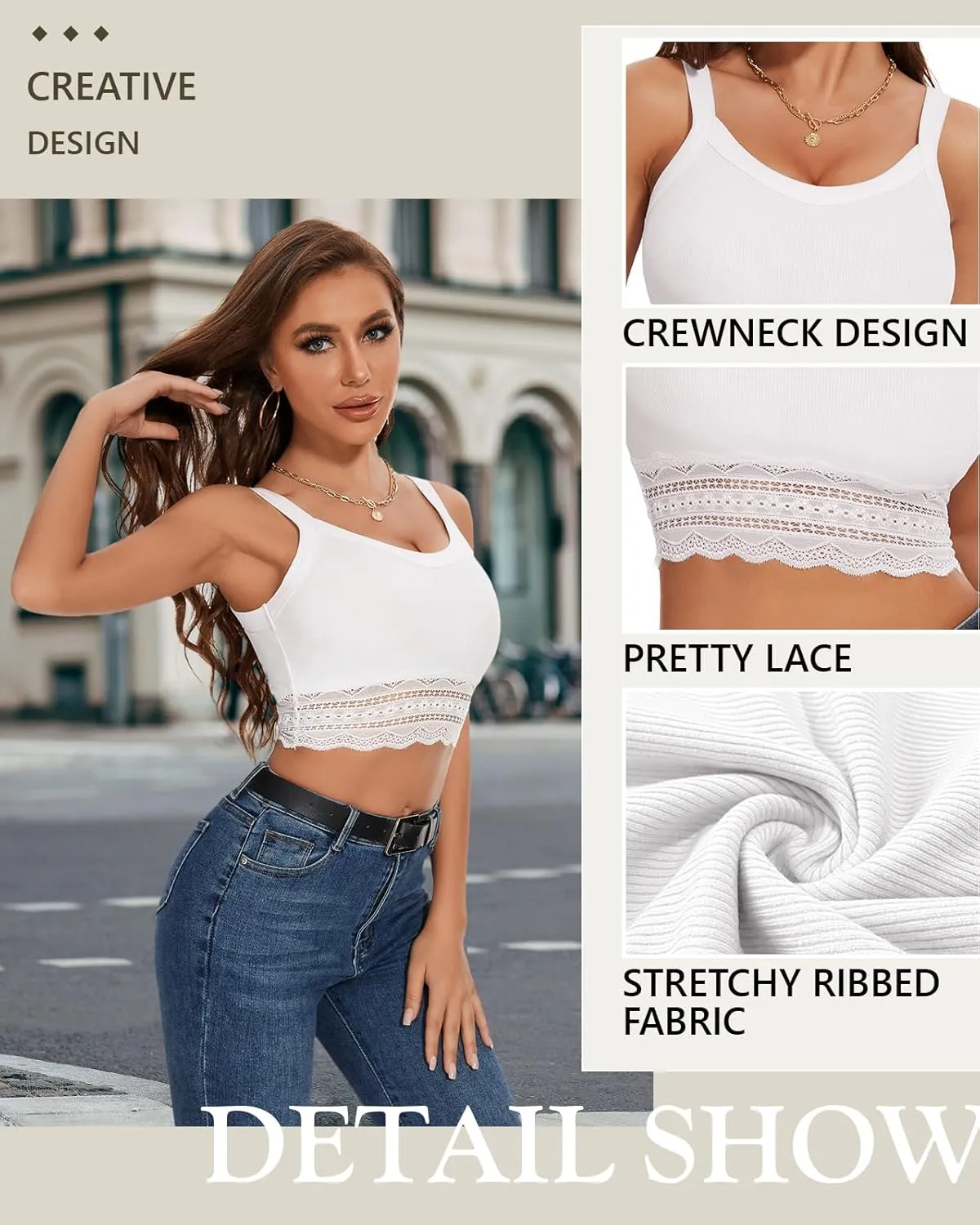 WOWENY Women's Crop Tank Top Splicing Lace Ribbed Knit Sleeveless Slim Fit Basic Camisole Summer Y2K Tops
