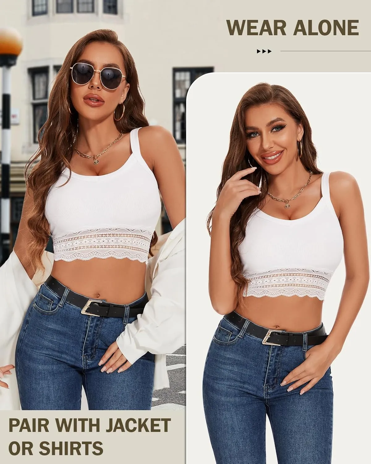 WOWENY Women's Crop Tank Top Splicing Lace Ribbed Knit Sleeveless Slim Fit Basic Camisole Summer Y2K Tops