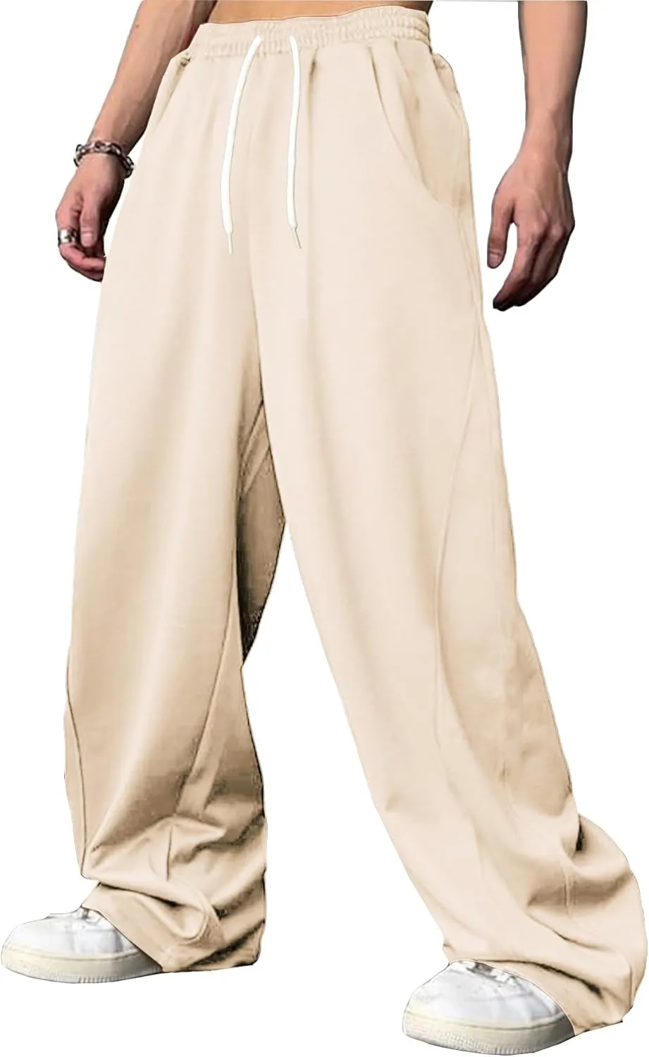 WZIKAI Men's Baggy Sweatpants Elastic Waist Drawstring Wide Leg Sweatpants Casual Loose Baggy Joggers with Pockets