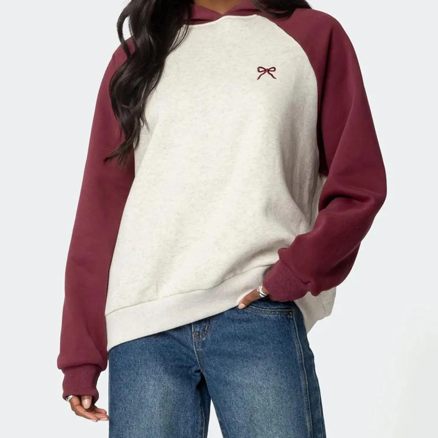 XBTCLXEBCO Bow Print Hoodies for Women Oversized Long Sleeve Drop Shoulder Hooded Sweatshirt Y2K Aesthetic Pullover Tops