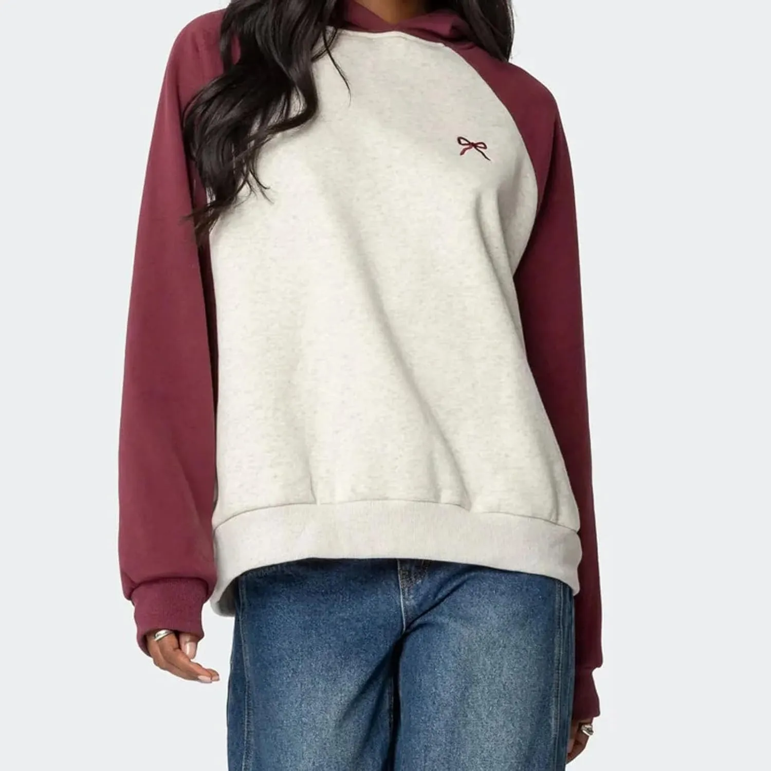 XBTCLXEBCO Bow Print Hoodies for Women Oversized Long Sleeve Drop Shoulder Hooded Sweatshirt Y2K Aesthetic Pullover Tops