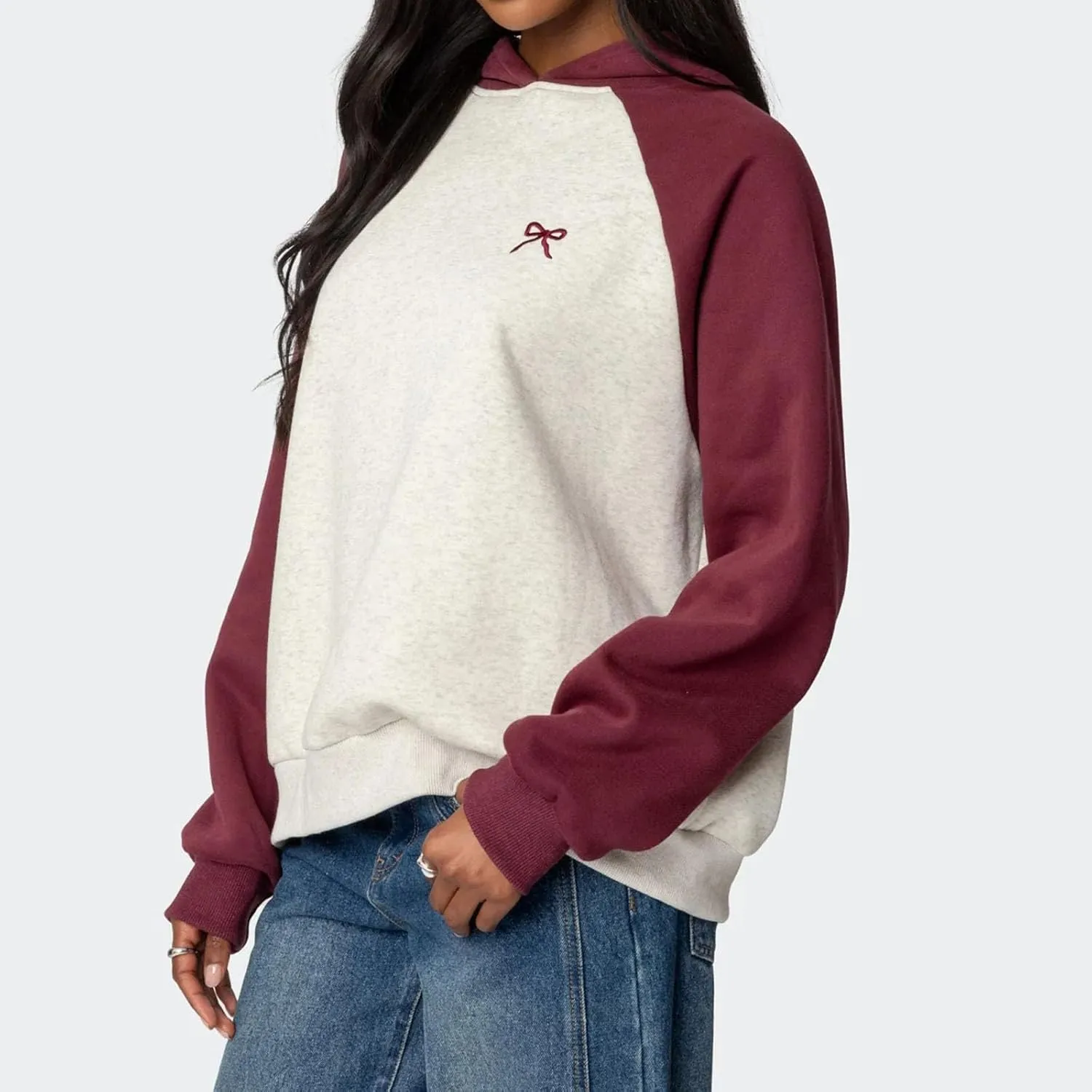 XBTCLXEBCO Bow Print Hoodies for Women Oversized Long Sleeve Drop Shoulder Hooded Sweatshirt Y2K Aesthetic Pullover Tops