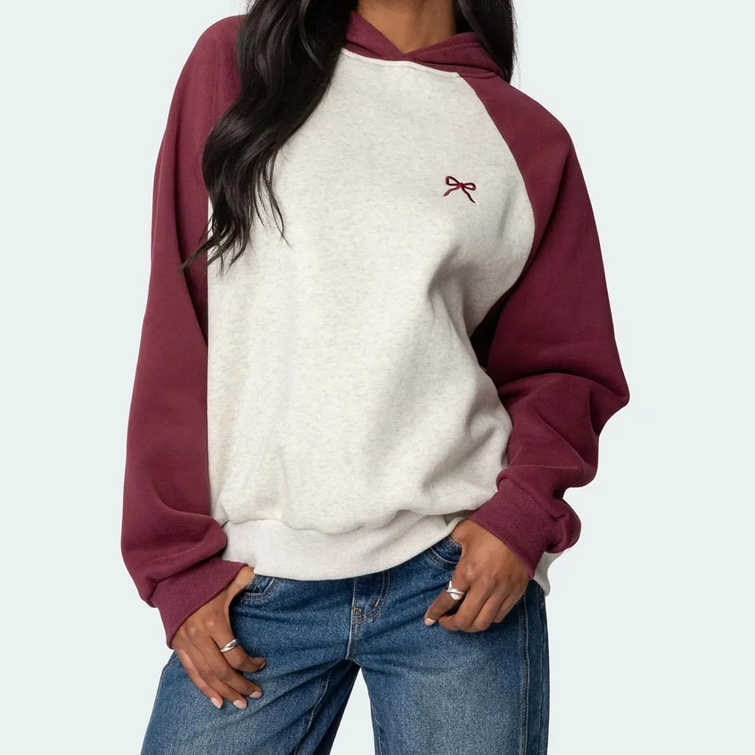 XBTCLXEBCO Bow Print Hoodies for Women Oversized Long Sleeve Drop Shoulder Hooded Sweatshirt Y2K Aesthetic Pullover Tops