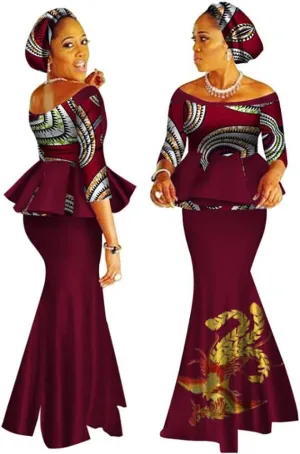 XIAOHUAGUA African Print Crop Tops Skirt Set Off Shoulder Half Sleeve African Women Clothing Long Skirt Set