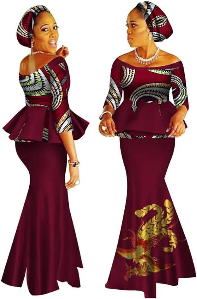 XIAOHUAGUA African Print Crop Tops Skirt Set Off Shoulder Half Sleeve African Women Clothing Long Skirt Set