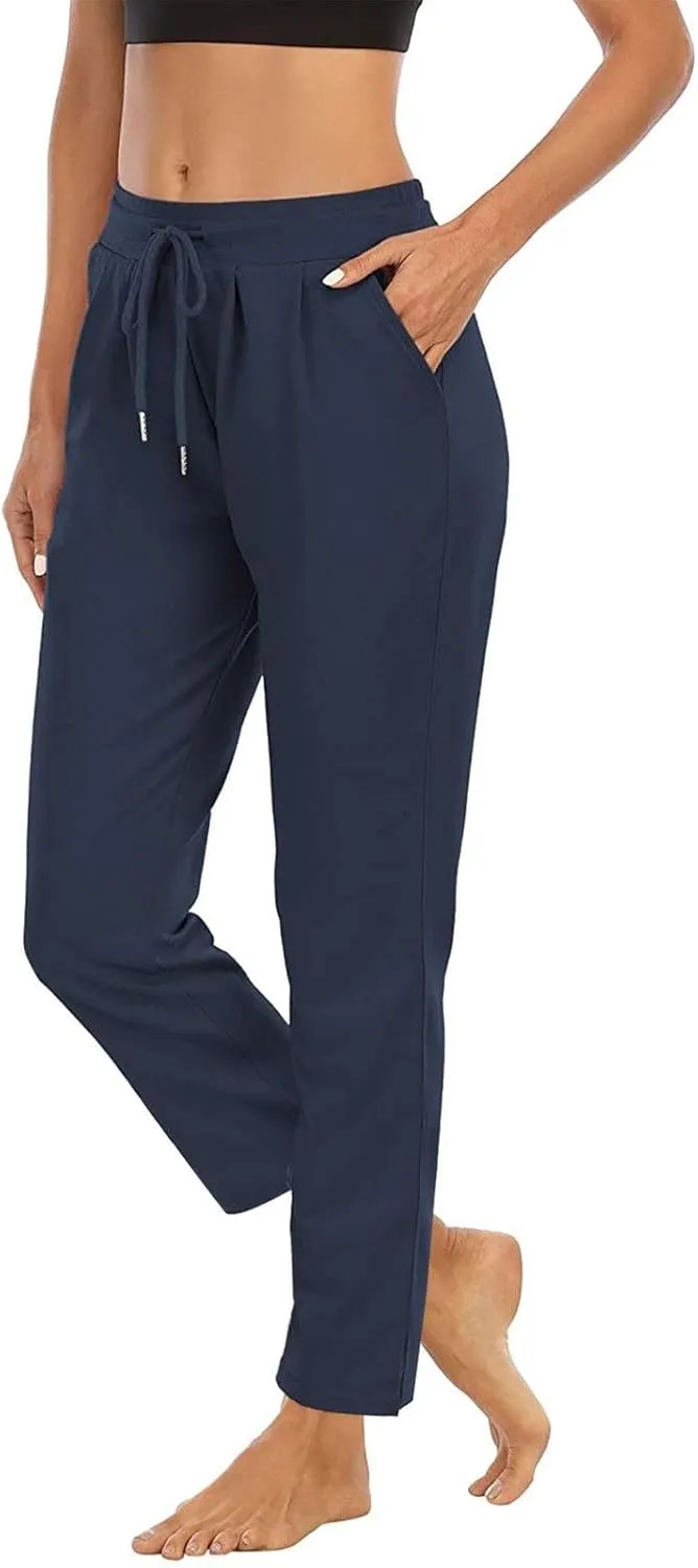 XUNRYAN Yoga Pants Women Pockets Lightweight Hiking Pants Drawstring High Waist Joggers Fitness Athletic Workout Trousers