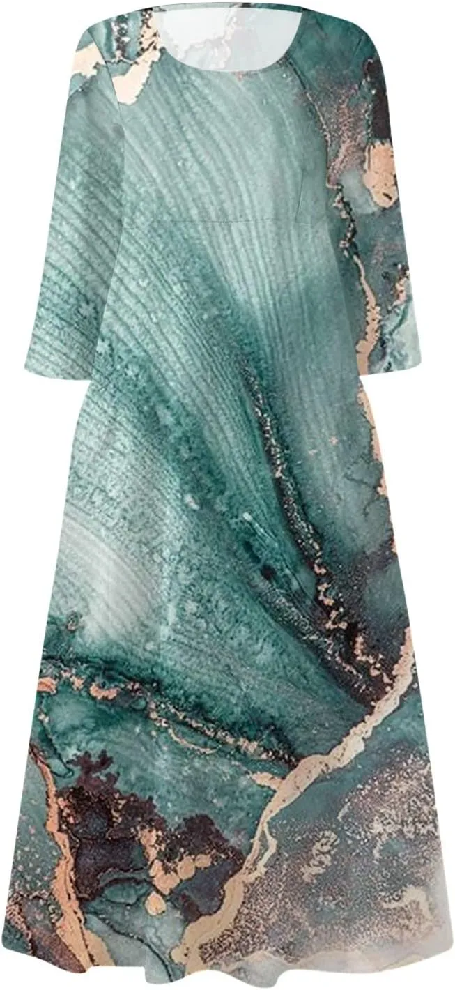 Yesunpxs 3/4 Sleeve Dresses for Women Summer Flowy Long Dress Casual Beach Sundresses Printed Boho Maxi Dresses with Pockets