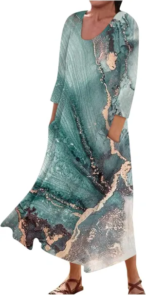 Yesunpxs 3/4 Sleeve Dresses for Women Summer Flowy Long Dress Casual Beach Sundresses Printed Boho Maxi Dresses with Pockets