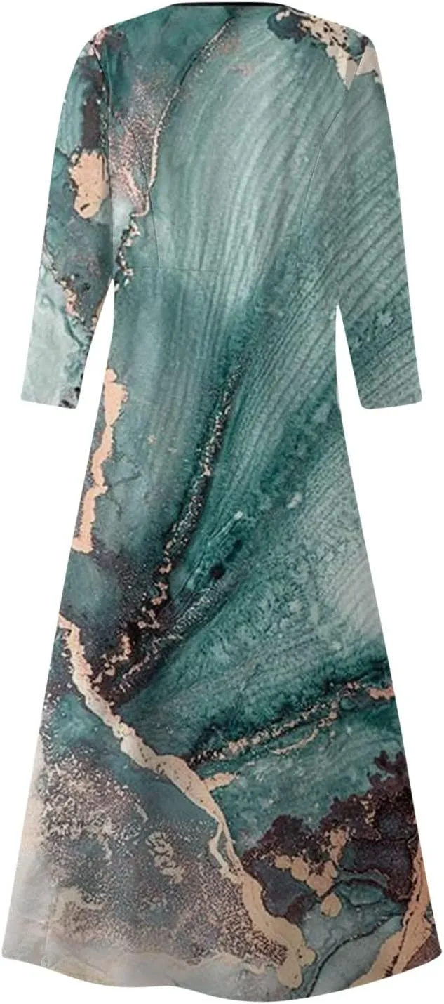 Yesunpxs 3/4 Sleeve Dresses for Women Summer Flowy Long Dress Casual Beach Sundresses Printed Boho Maxi Dresses with Pockets