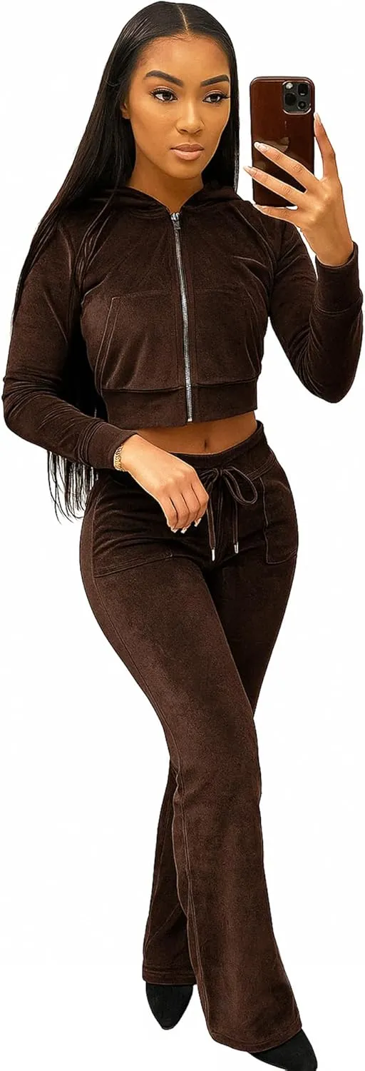 yidengymx Womens Velour Tracksuit Two Piece Outfits for Women Long Sleeve Hooded Zip Crop Tops Flared Pants Set