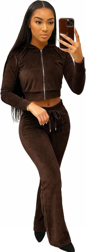 yidengymx Womens Velour Tracksuit Two Piece Outfits for Women Long Sleeve Hooded Zip Crop Tops Flared Pants Set