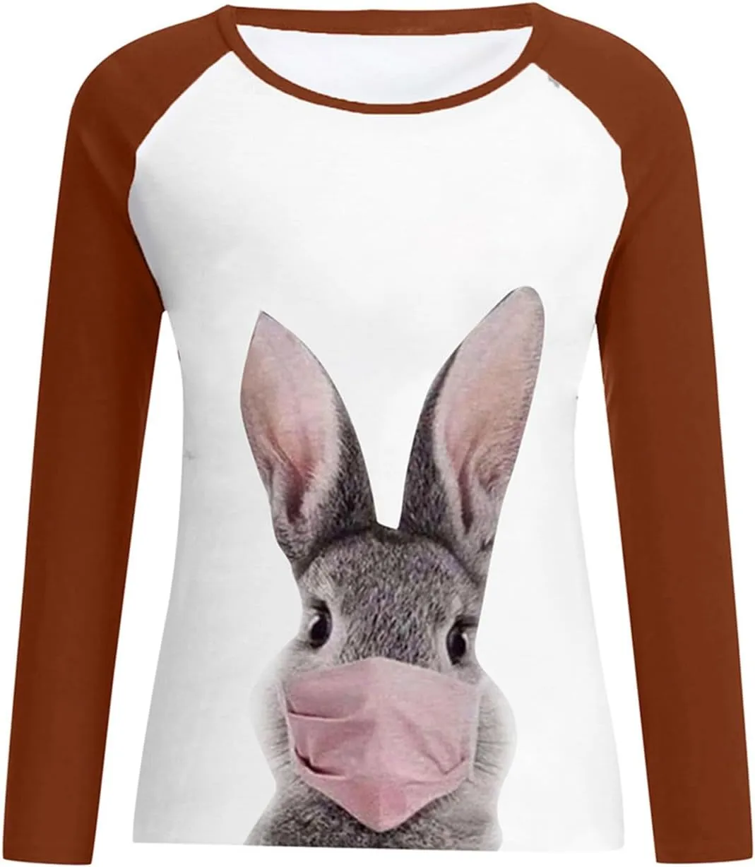 YMING Womens Easter Day Crew Neck Sweatshirt Bunny Printed Long Sleeve Pullover Cute Rabbit Shirt Tops Plus Size
