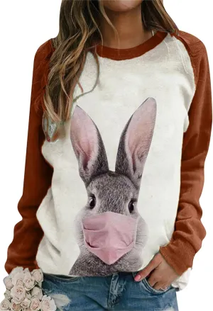 YMING Womens Easter Day Crew Neck Sweatshirt Bunny Printed Long Sleeve Pullover Cute Rabbit Shirt Tops Plus Size