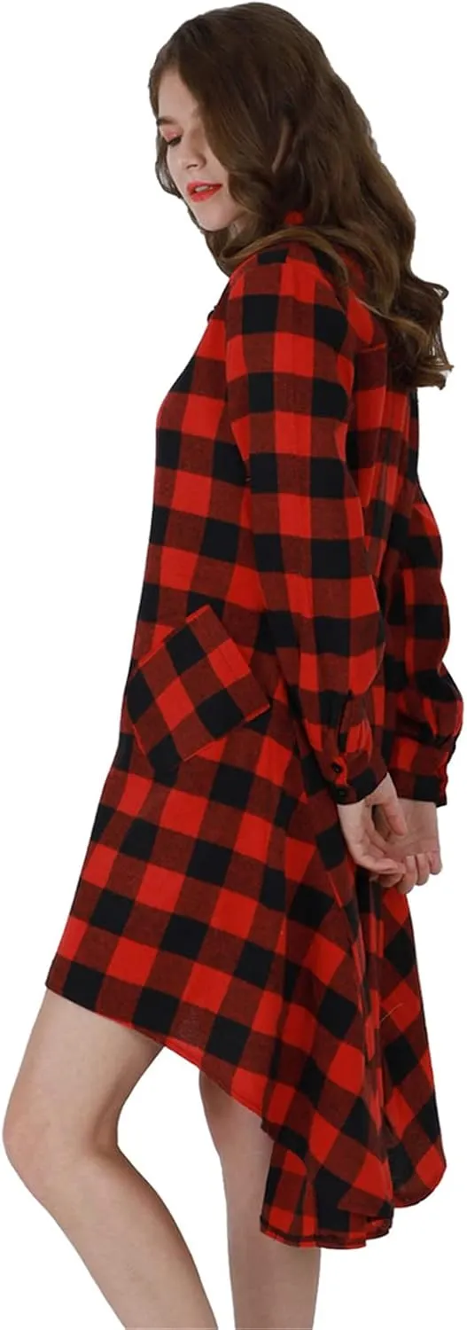 YMING Womens Plaid Checkered Dress Casual Asymmetrical Hem Shirt Midi Dress with Pockets