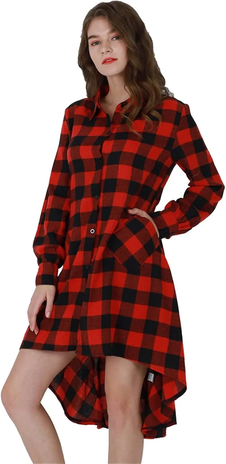 YMING Womens Plaid Checkered Dress Casual Asymmetrical Hem Shirt Midi Dress with Pockets