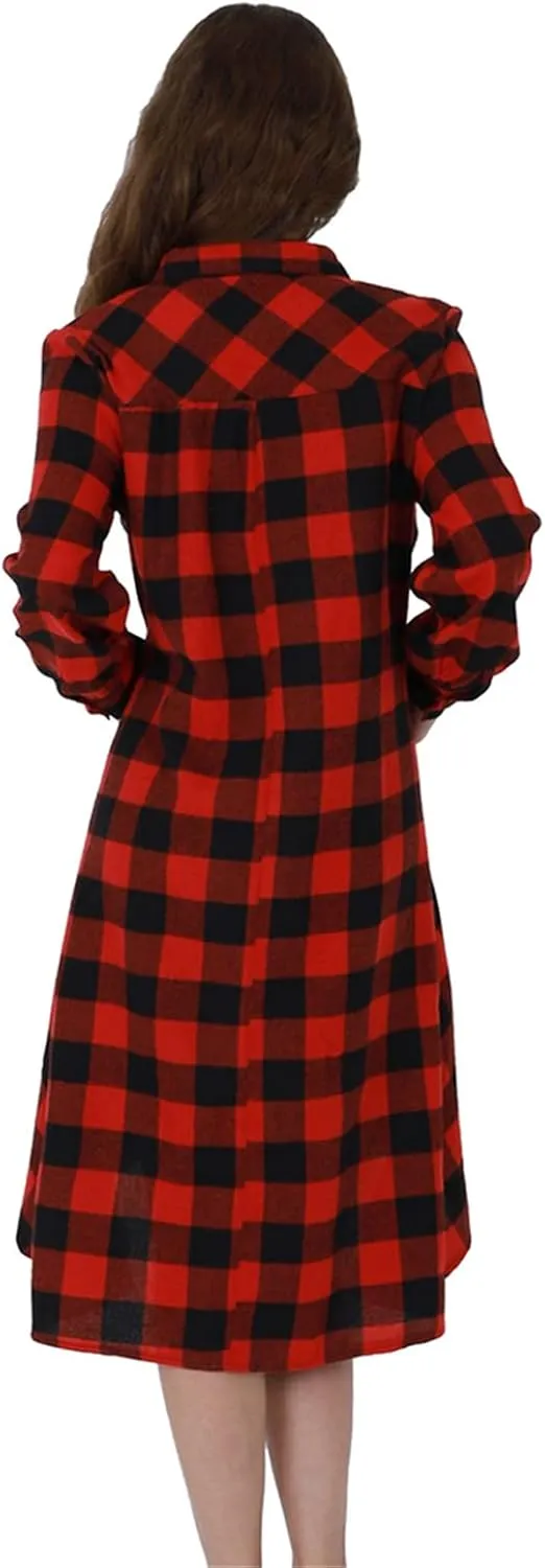 YMING Womens Plaid Checkered Dress Casual Asymmetrical Hem Shirt Midi Dress with Pockets