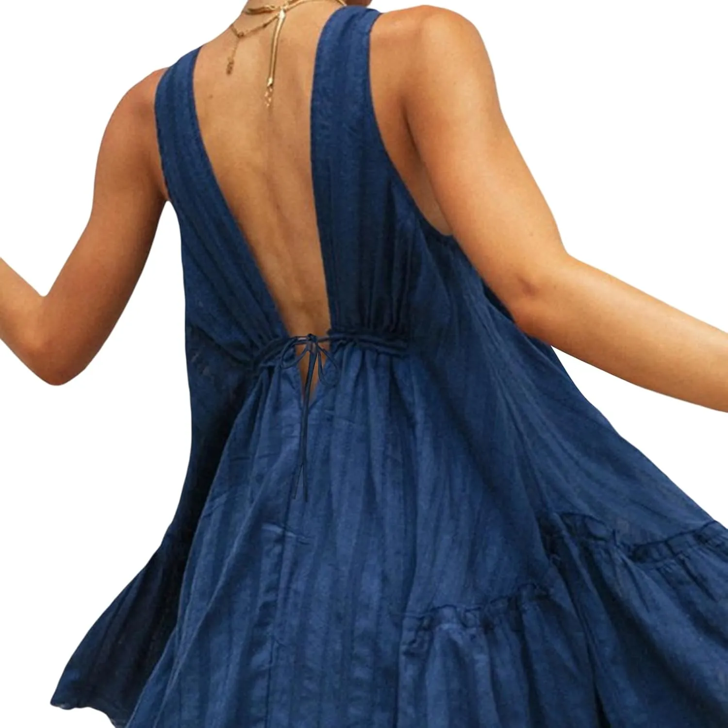 Young Women Summer Casual A-line Dress Solid Color Deep V-Neck Tie-Up Mini Backless Tank Halterneck Clothes