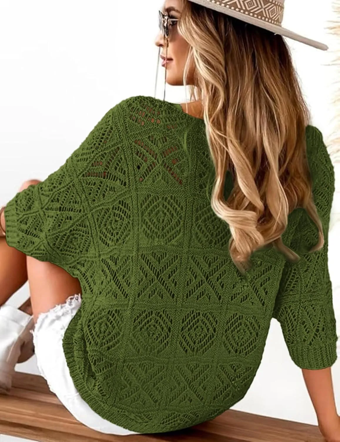 Zeagoo Women's Summer Crochet Off The Shoulder Hollow Out Knit Tops 2025 V Neck 3/4 Sleeve Sweater Top
