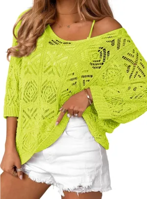 Zeagoo Women's Summer Crochet Off The Shoulder Hollow Out Knit Tops 2025 V Neck 3/4 Sleeve Sweater Top