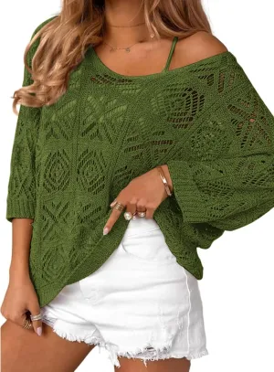 Zeagoo Women's Summer Crochet Off The Shoulder Hollow Out Knit Tops 2025 V Neck 3/4 Sleeve Sweater Top