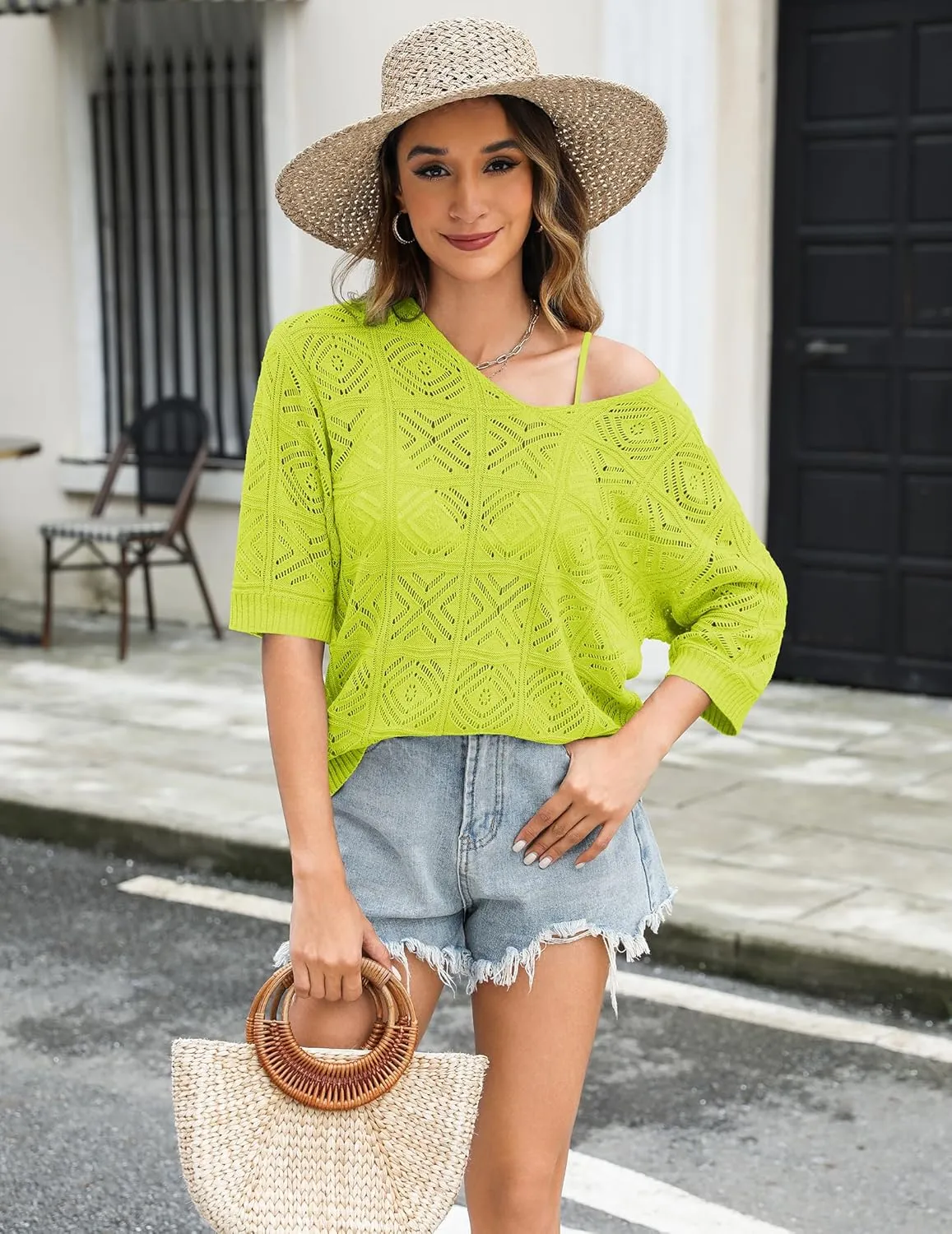 Zeagoo Women's Summer Crochet Off The Shoulder Hollow Out Knit Tops 2025 V Neck 3/4 Sleeve Sweater Top