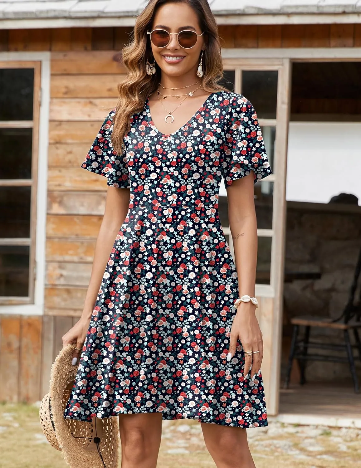 Zeagoo Womens Summer Dress Casual Swing Floral Ruffle Short Sleeve Sundresses Beach Mini A-line Shift Dress 2025 with Pockets