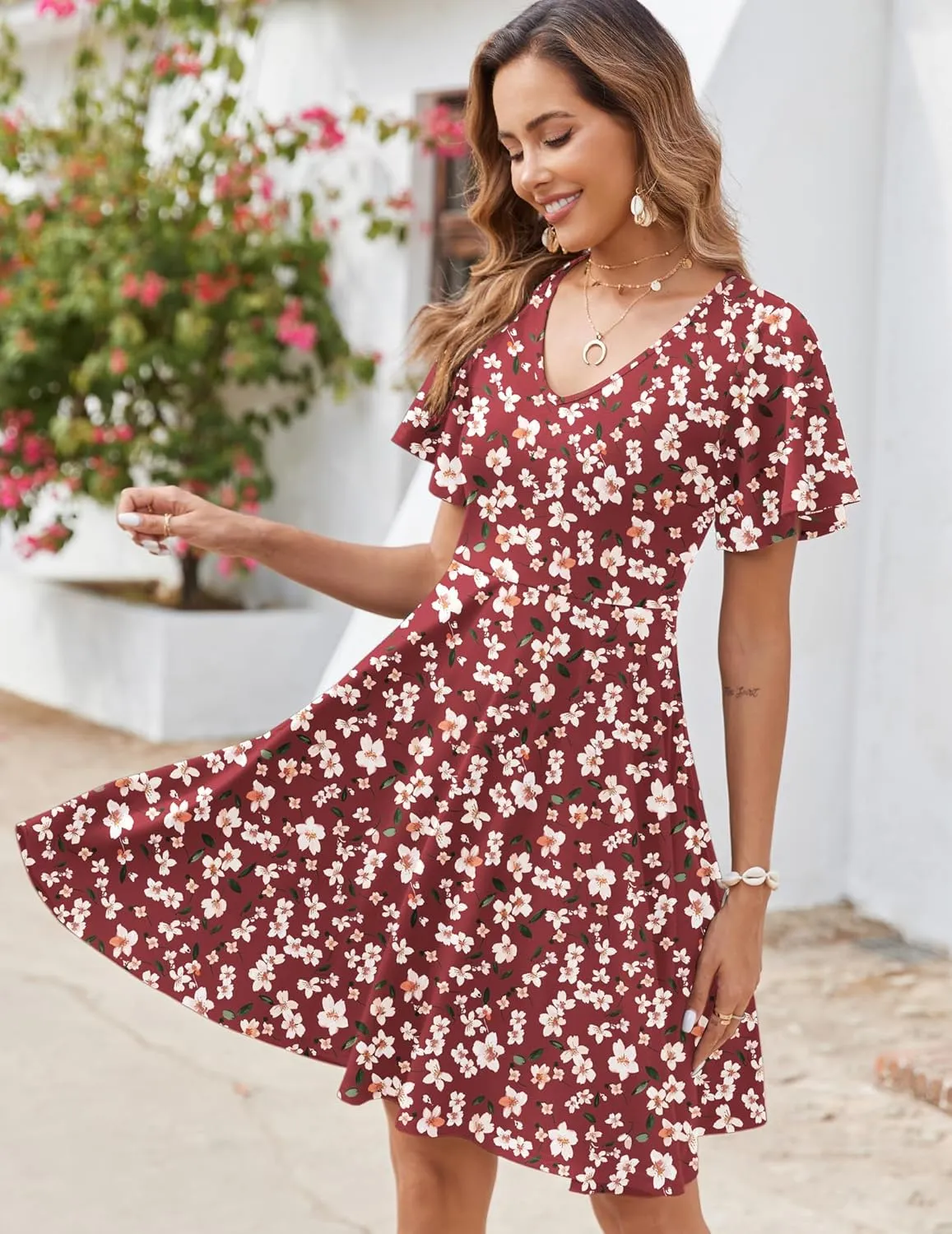 Zeagoo Womens Summer Dress Casual Swing Floral Ruffle Short Sleeve Sundresses Beach Mini A-line Shift Dress 2025 with Pockets