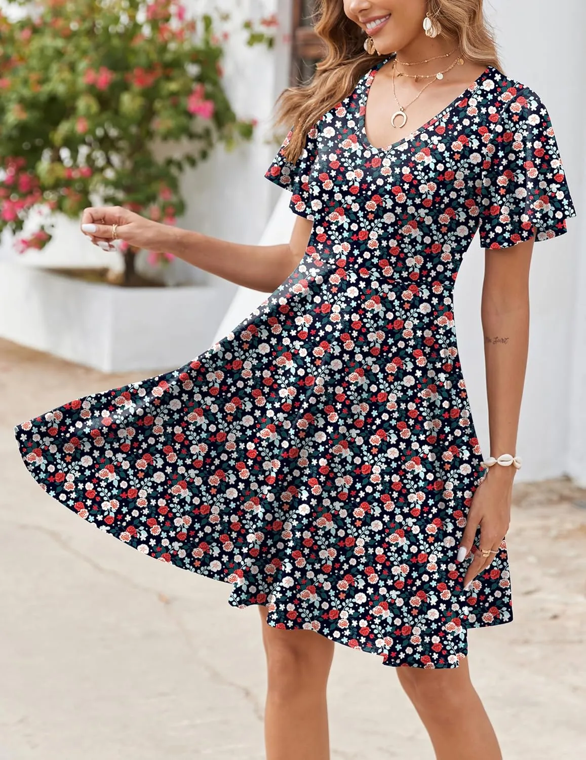 Zeagoo Womens Summer Dress Casual Swing Floral Ruffle Short Sleeve Sundresses Beach Mini A-line Shift Dress 2025 with Pockets