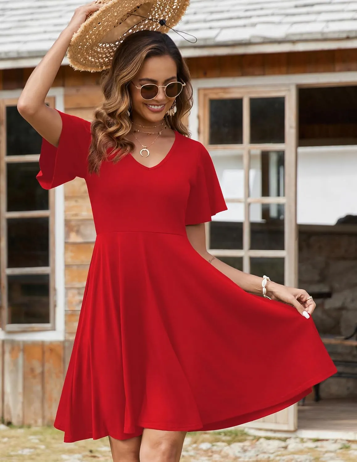 Zeagoo Womens Summer Dress Casual Swing Floral Ruffle Short Sleeve Sundresses Beach Mini A-line Shift Dress 2025 with Pockets