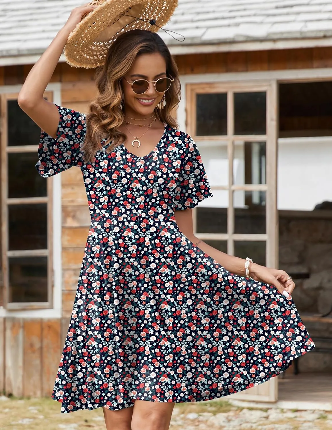 Zeagoo Womens Summer Dress Casual Swing Floral Ruffle Short Sleeve Sundresses Beach Mini A-line Shift Dress 2025 with Pockets