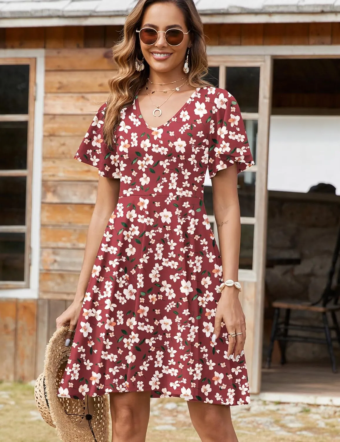 Zeagoo Womens Summer Dress Casual Swing Floral Ruffle Short Sleeve Sundresses Beach Mini A-line Shift Dress 2025 with Pockets