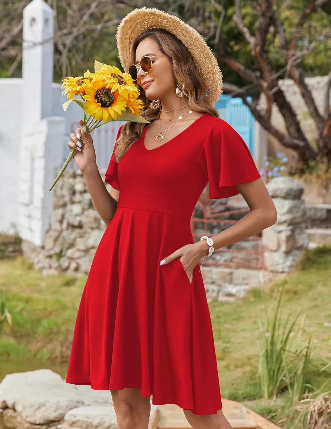 Zeagoo Womens Summer Dress Casual Swing Floral Ruffle Short Sleeve Sundresses Beach Mini A-line Shift Dress 2025 with Pockets