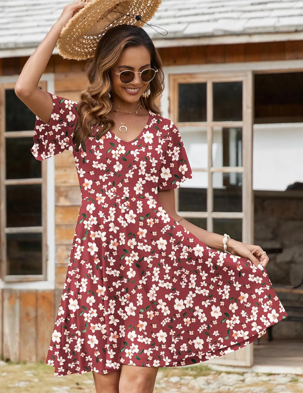 Zeagoo Womens Summer Dress Casual Swing Floral Ruffle Short Sleeve Sundresses Beach Mini A-line Shift Dress 2025 with Pockets