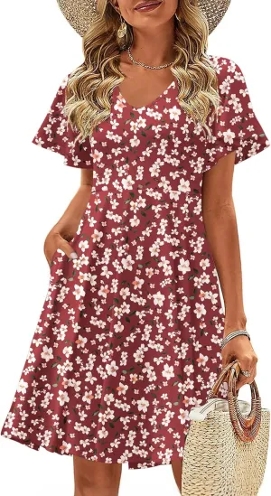 Zeagoo Womens Summer Dress Casual Swing Floral Ruffle Short Sleeve Sundresses Beach Mini A-line Shift Dress 2025 with Pockets